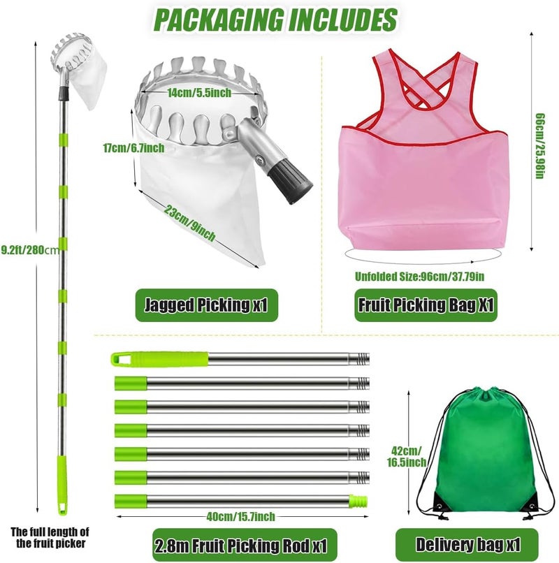 Nexstron Fruit Picker and Gardening Harvest Storage Apron Set - 2.8m/9.2ft Fruit Picker Tool with Telescopic Handle, Stainless Steel Connecting Pole and Drawstring Storage Bag, Picker for Apple Lemon Cherry - Image 3